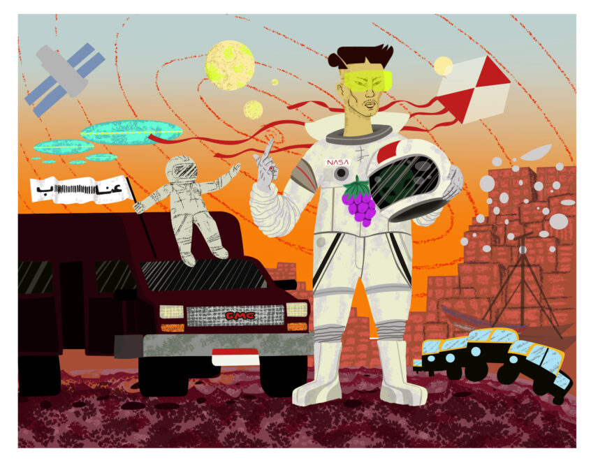 Illustration of a young man in an astronaut's suit
