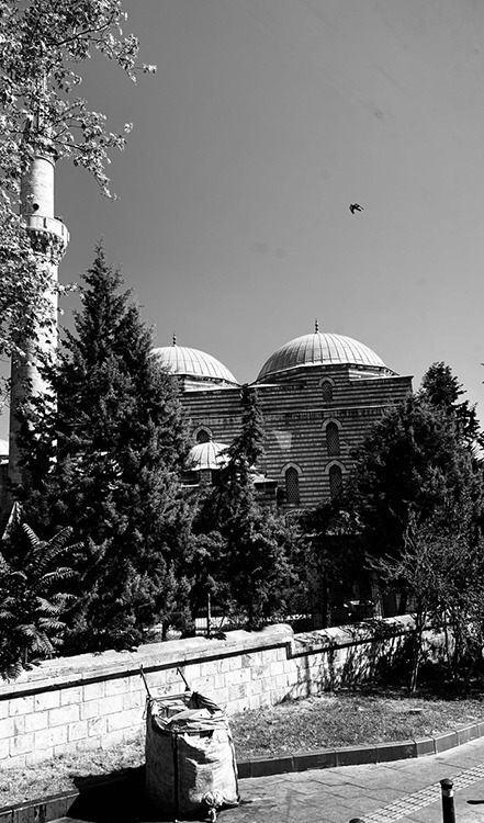 Photograph of a mosque and brick wall