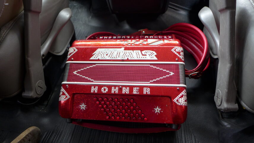 Photograph of a red accordion