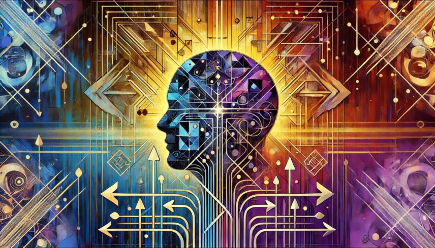 A visualization of "Anthropology at a Crossroads" with an abstract human head surrounded by lines, arrows, and geometric designs.