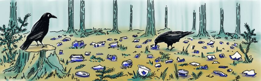 Illustration of a wooded area with two ravens
