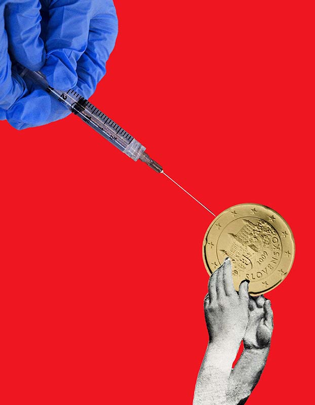 A collage with hands holding a syringe and hands holding up a token