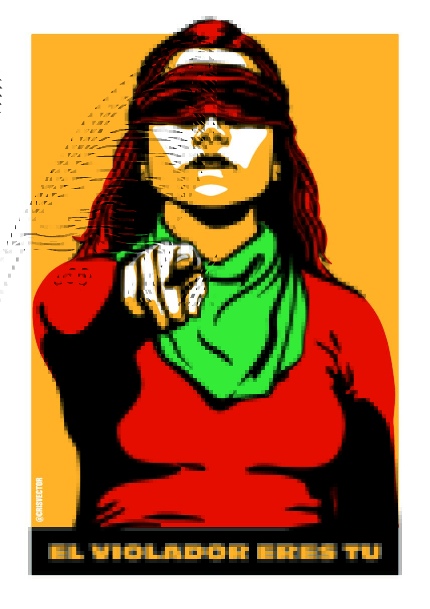 Illustration of a woman whose eyes are covered by a bandana and she is pointing at the viewer