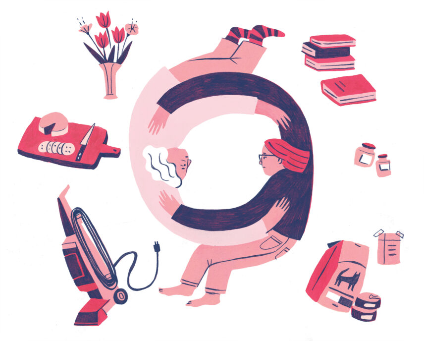 Illustration of two people and everyday items around them