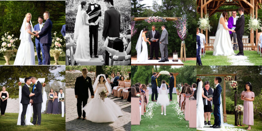 A collection of eight AI-generated images of a wedding ceremony