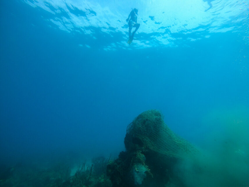 Picture of a diver surfacing after locating a ghost net.