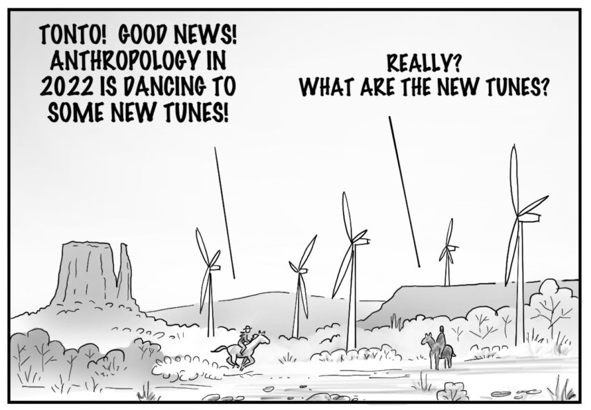 Illustrated black and white comic panel of two figures talking in a landscape