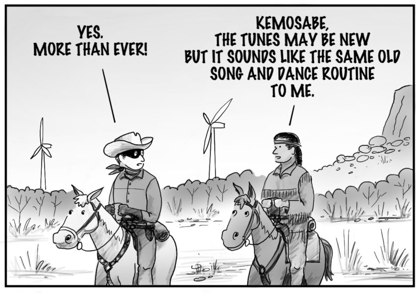 An illustrated black and white comic panel of two people on horseback talking.