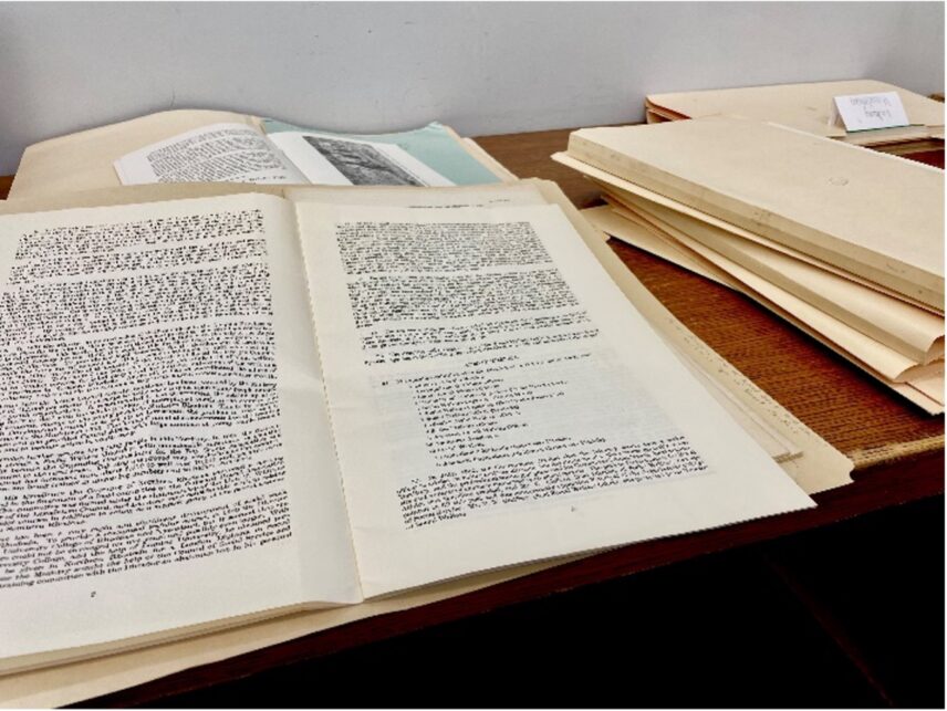 This is an image of archival texts at the Melville J. Herskovits Library of African Studies. Each document is a hard copy stored in a manilla file folder. The pictured files are a few of the hundreds analyzed for the record of bedsiders throughout the 20th and early 21st centuries.