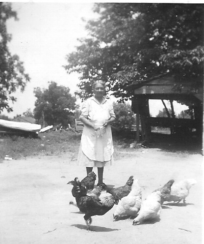 Mrs. Ida Blaylock, an entrepreneur and the author's great-grandmother, feeding chickens on her land.