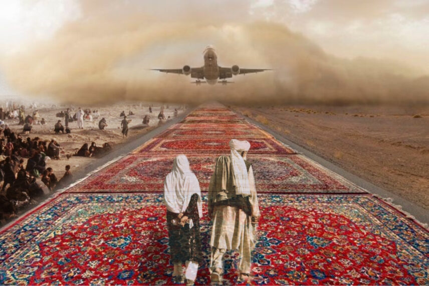 Collage of a photograph of a runway with rugs lining it and two individuals standing on it