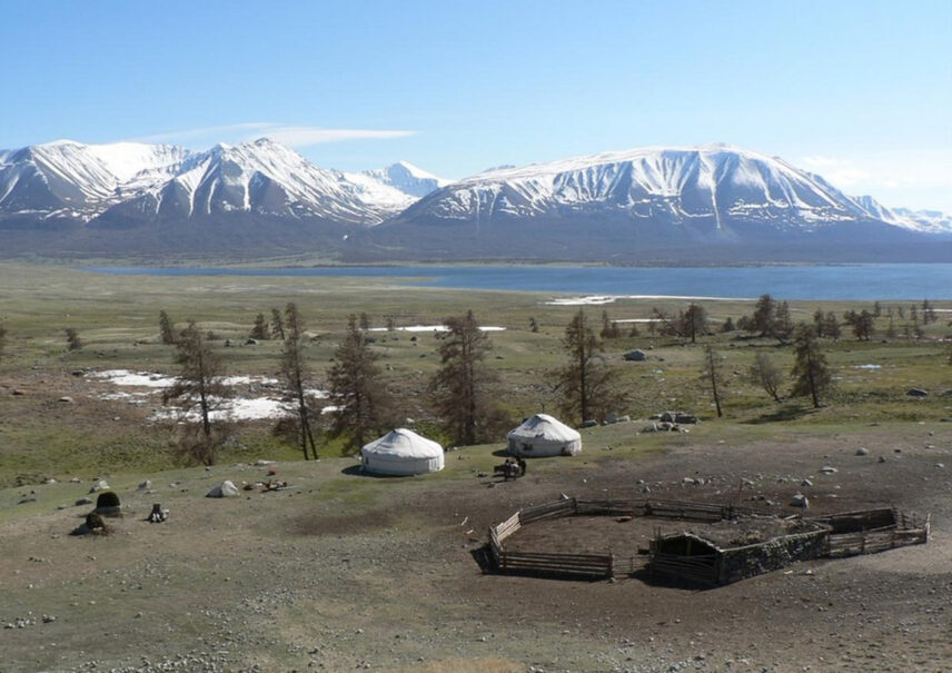 Photograph of a ger camp in front of mountains in the background