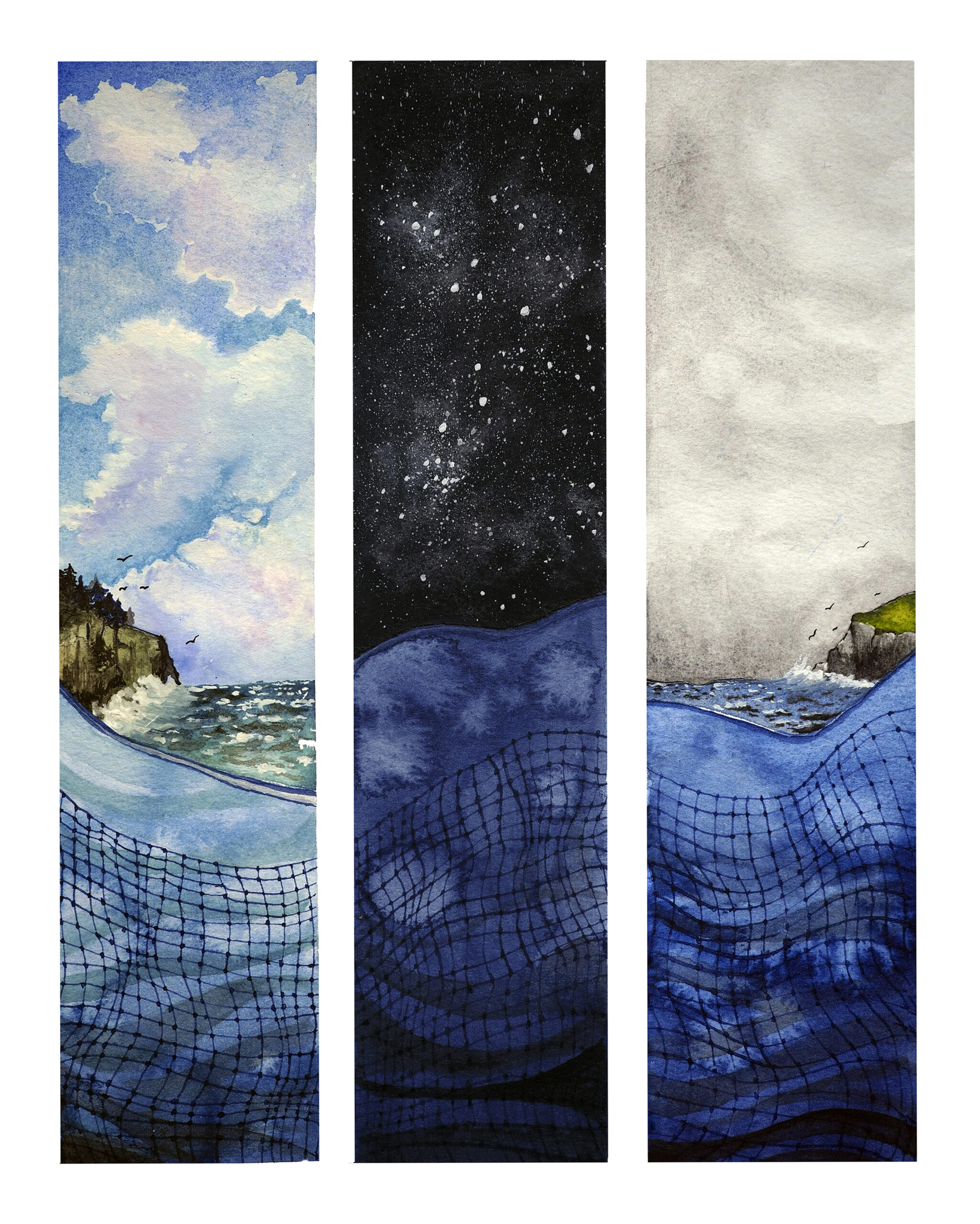 Three illustrations of nets, sea, and sky