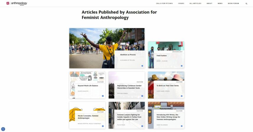 A screenshot of the AFA section column in Anthropology News (AN), showing the thumbnails of eight articles with their titles, authors, and associated images.