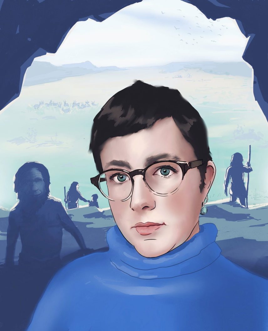 Painting of a woman against a background of a cave opening