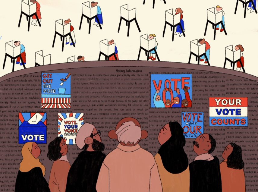 Illustration of people looking at a wall of vote signs.