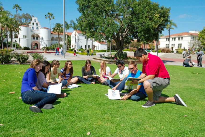 Students by Hepner Hall at San Diego State University.
