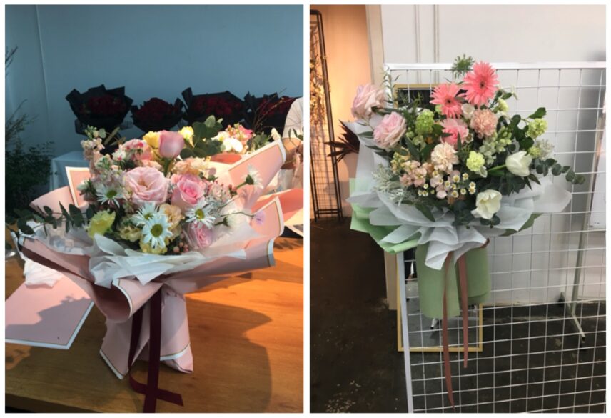 A comparison of two hand-tied bouquets arranged with similar floral materials. At the connoisseur level, the bouquet on the right is appreciated as “exuding an effortless sense of fluffiness,” thus considered as more beautiful than the one on the left which is critiqued as “huddled together.”