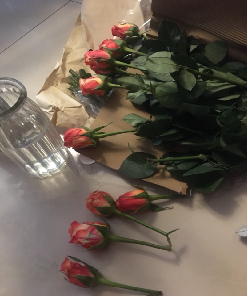 Broken-off rose stems caused by careless handing during distribution.