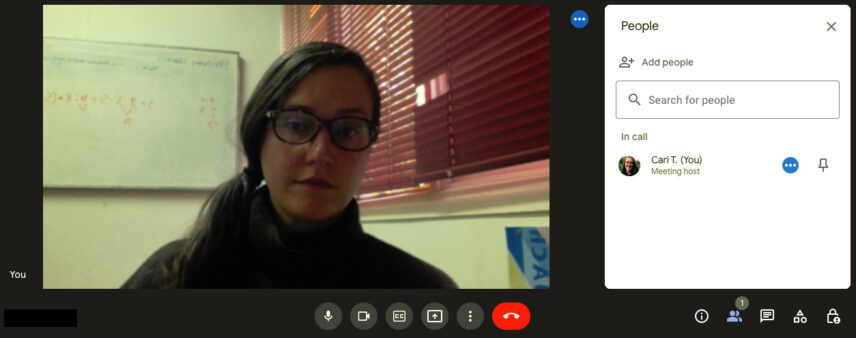 A screenshots of Cari Tusing waiting for students to join a virtual class