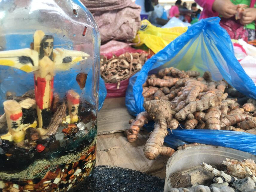 Photograph of an assortment of objects that include a bottle filled with a cross made of wood, stones, sea creatures, beads, and plant matter.