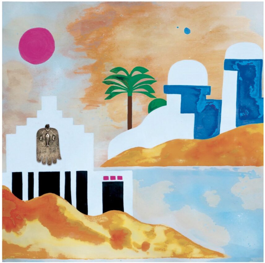 Artwork by Léo Nataf for the album Ya Hasra: Jewish-Tunisian Jewels, Originals & Reworks. The painting’s foreground represents a vibrant pink sun on the left top side and two white and blue houses of Sidi Bou Saïd, Tunisia with a palm tree on the right. They sit on top of a mound of sand. Bottom side sits an other white building on top of a mound of sand with a collage of a silver Hamsa - a hand which fingers are sightly stretched out - adorned with a hout, a fish. The Hamsa - which name comes from the five fingers of a hand - and the fish both symbolize life, prosperity and protection against the evil eye.