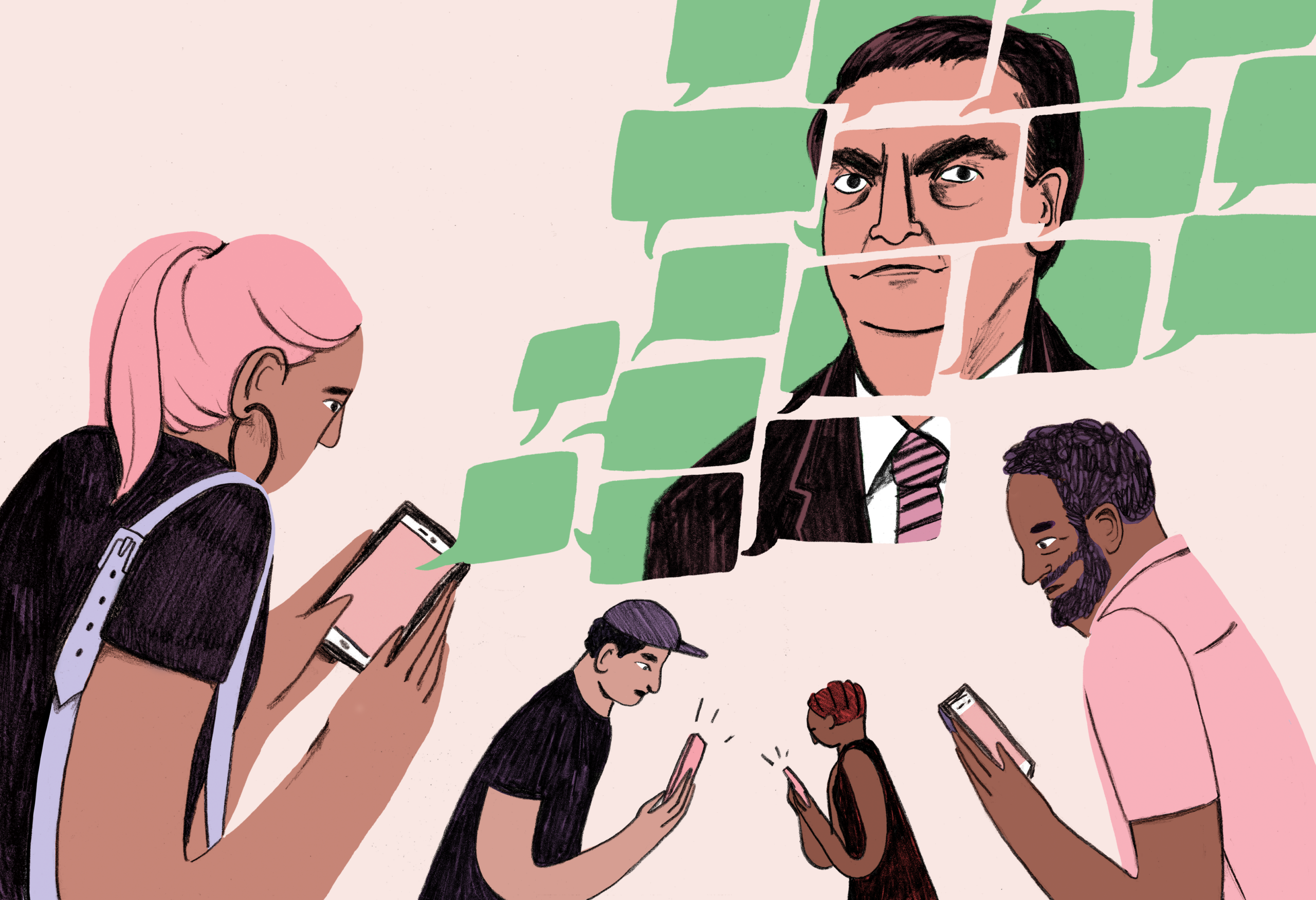Illustration of people looking at their phones.