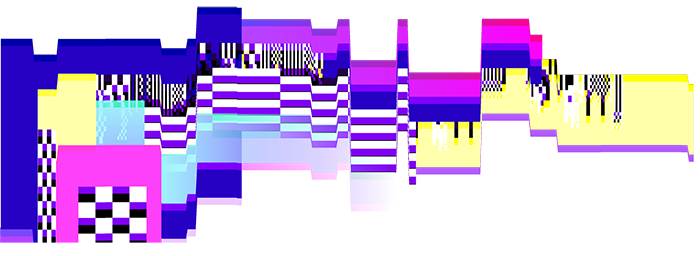 Decorative element. Purple, blue, pink, yellow, black, and white lines overlap and create the impression of a digital, visual glitch, like one might see on a malfunctioning monitor.