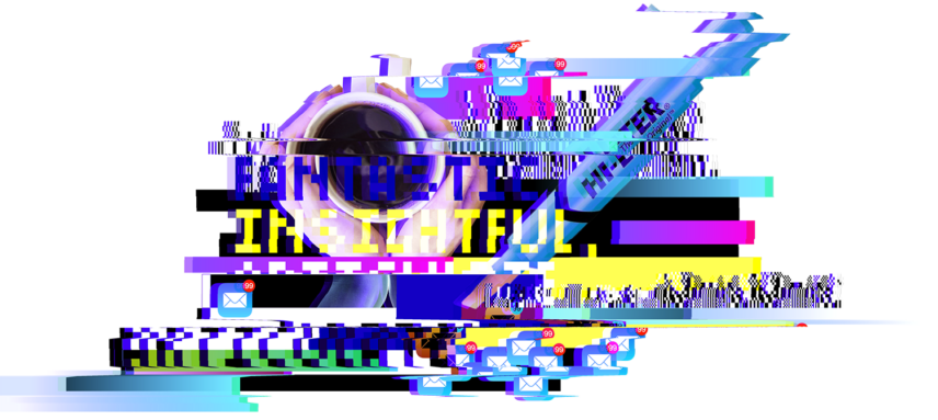 A collage composed in a digital glitch effect and borrowing elements from the section of the story with the heading "Familiarization."