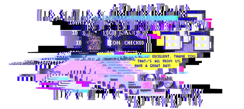 A collage composed in a digital glitch effect and borrowing elements from the story