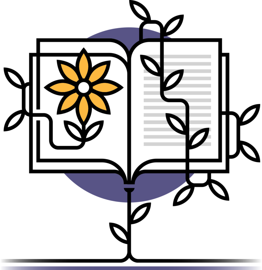 Simplified illustration of a book with vines growing around it.
