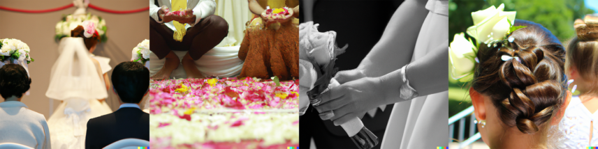 Four AI-generated images in a row, each representing photos from a wedding.