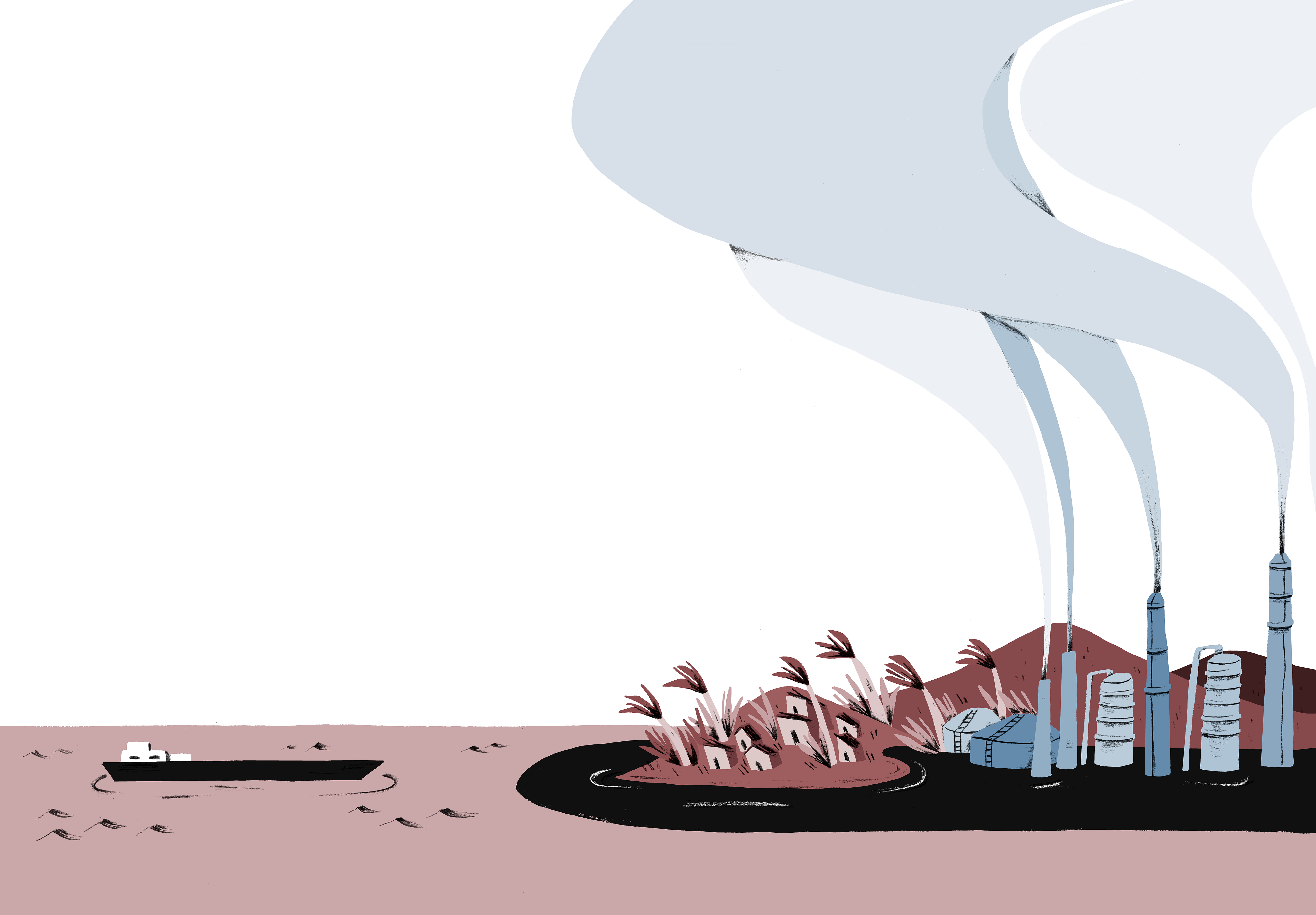 Illustration of a town, refinery, sea, and oil tanker.