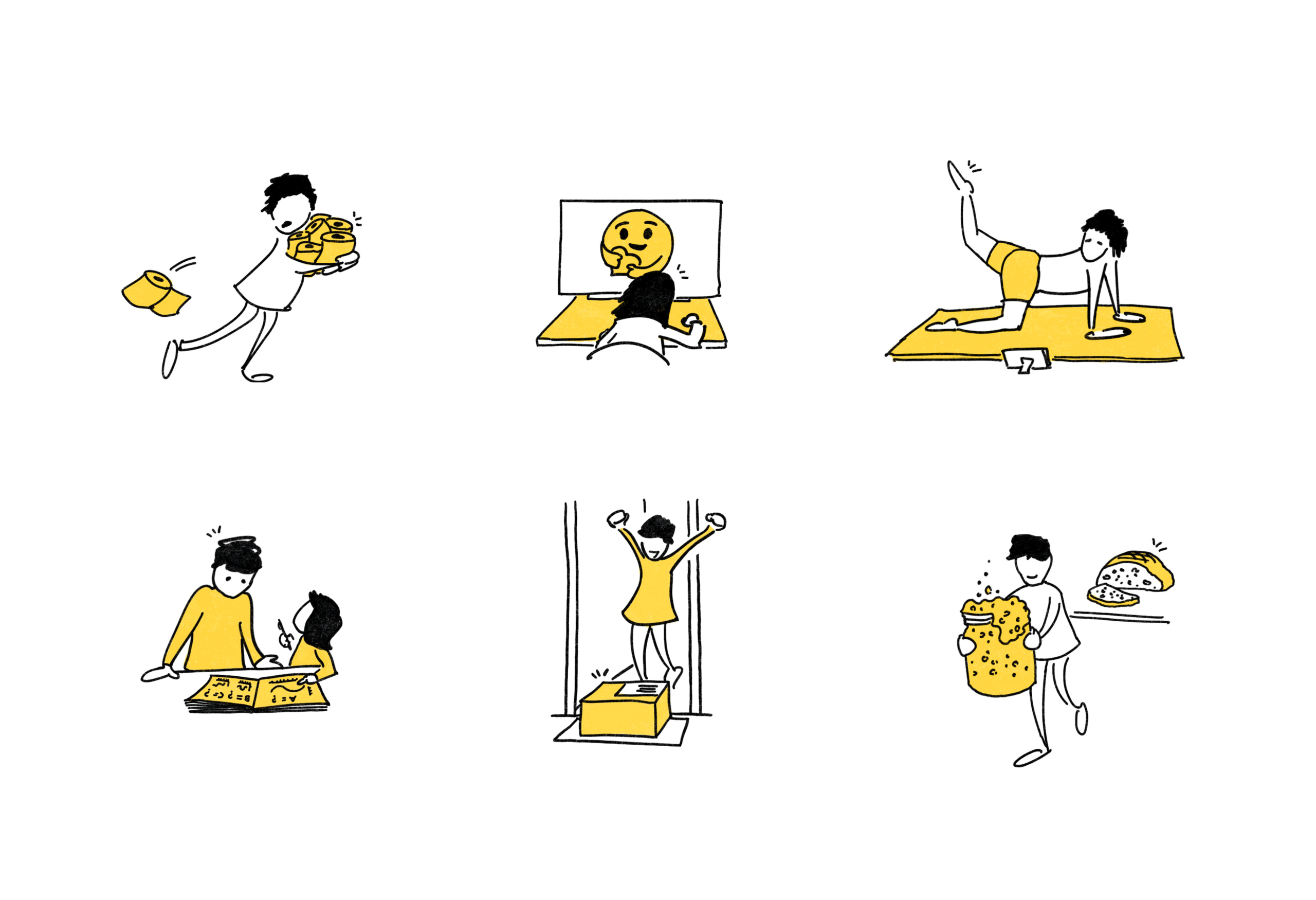 Collection of illustrations of people engaged in different activities often undertaken during social distancing.
